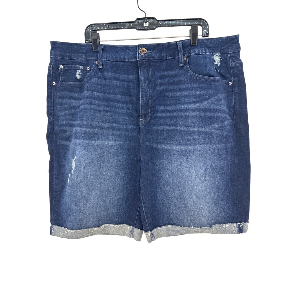 Terra & Sky Womens Plus Size 22W Dark Wash Distressed Denim Shorts Cuffed Hem